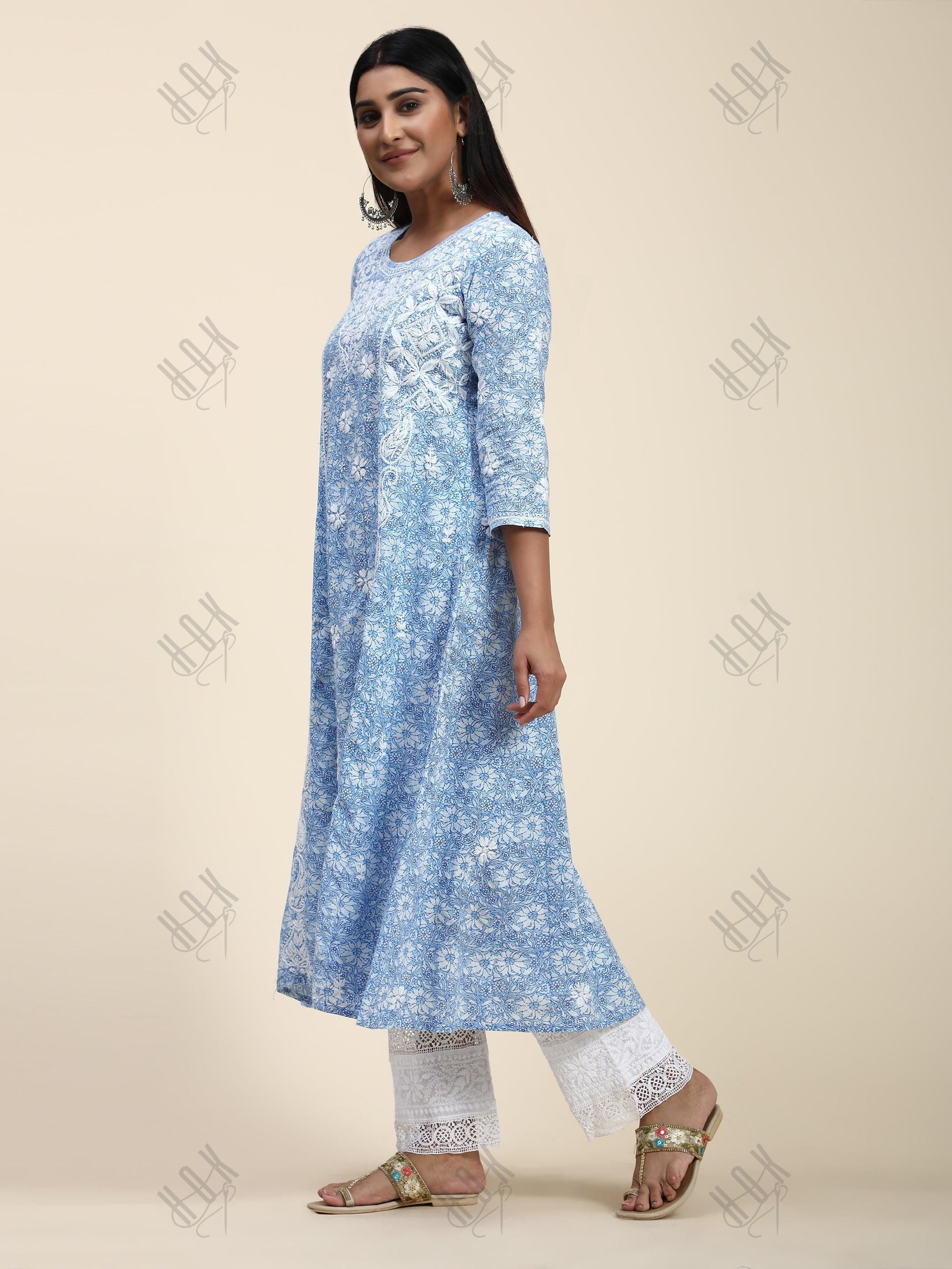 HOK Chikankari Anarkali Stylish Kurti -Printed Blue - House Of Kari (Chikankari Clothing)