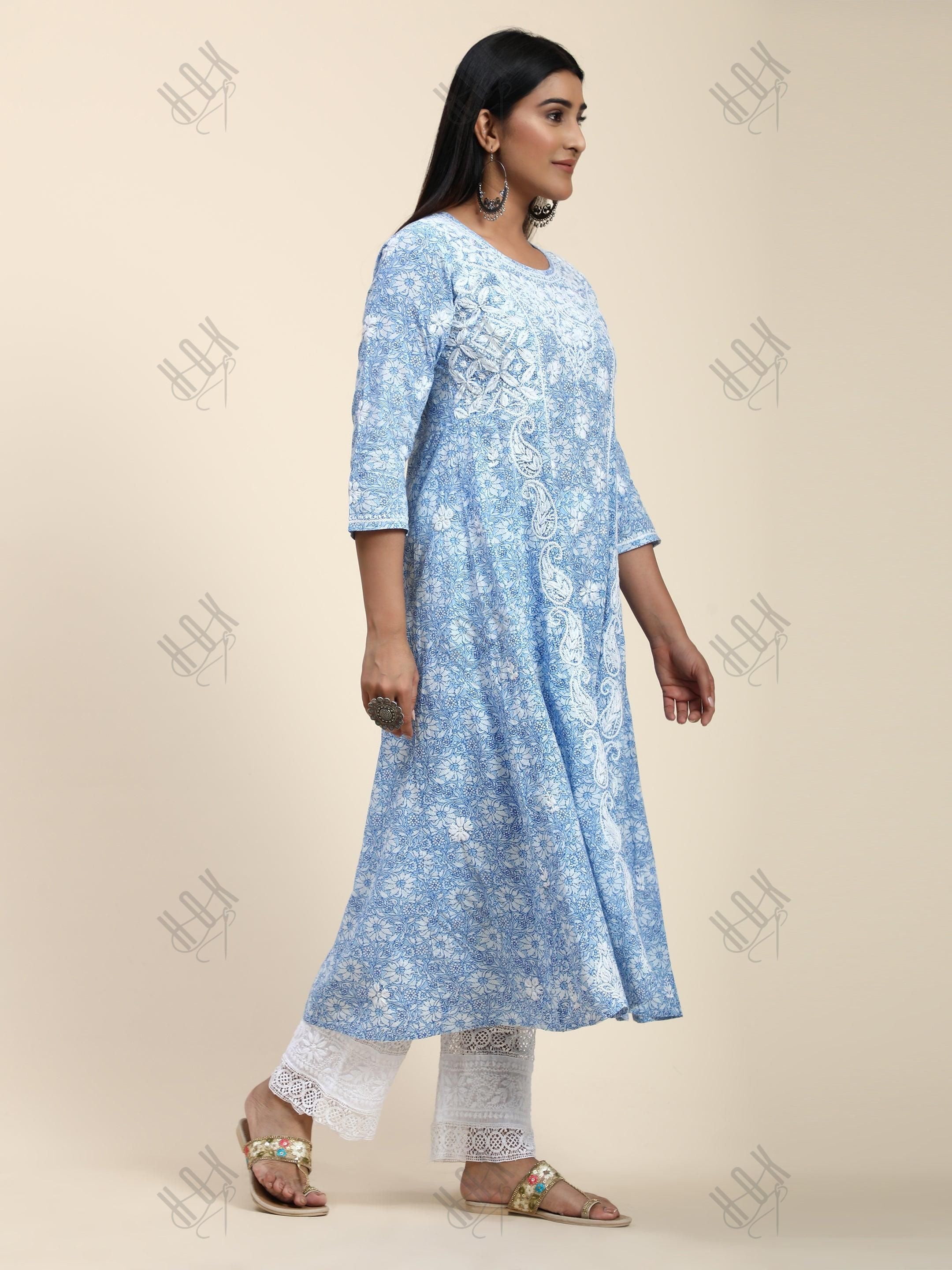 HOK Chikankari Anarkali Stylish Kurti -Printed Blue - House Of Kari (Chikankari Clothing)