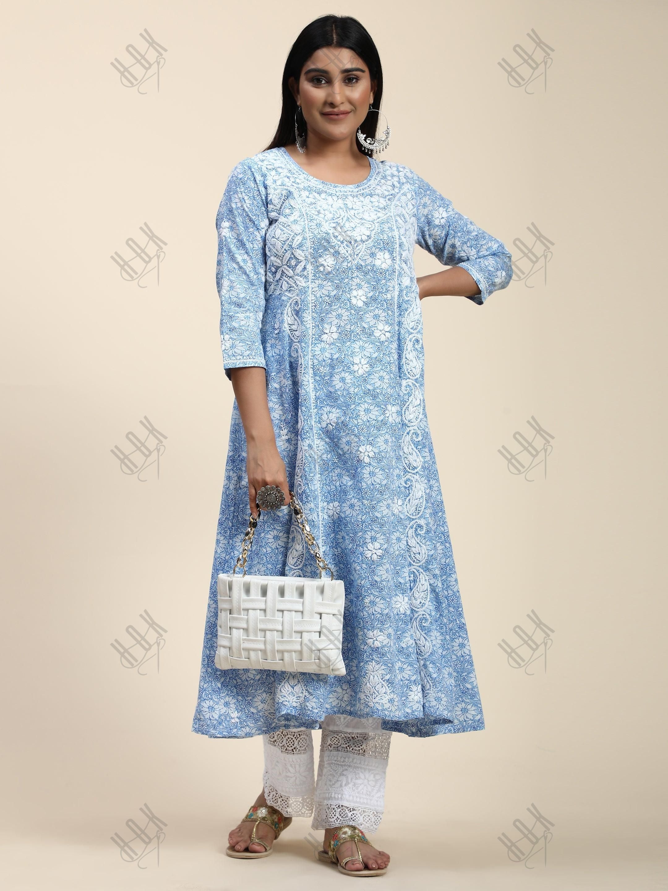 HOK Chikankari Anarkali Stylish Kurti -Printed Blue - House Of Kari (Chikankari Clothing)