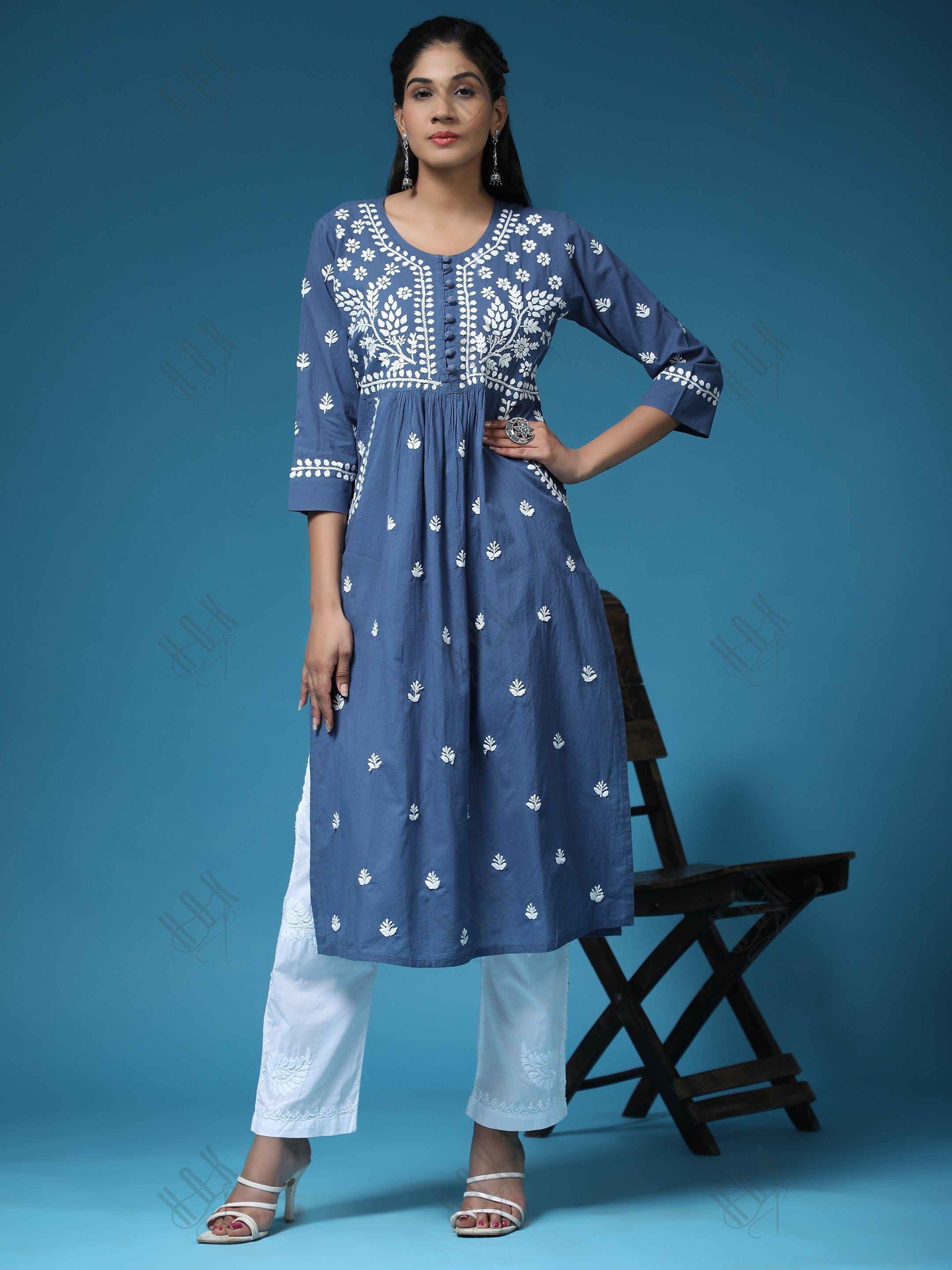 Chikankari Hand embroidery Round neck Dress Blue