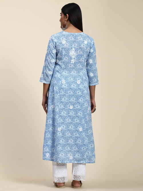 HOK Chikankari Anarkali Stylish Kurti -Printed Blue - House Of Kari (Chikankari Clothing)