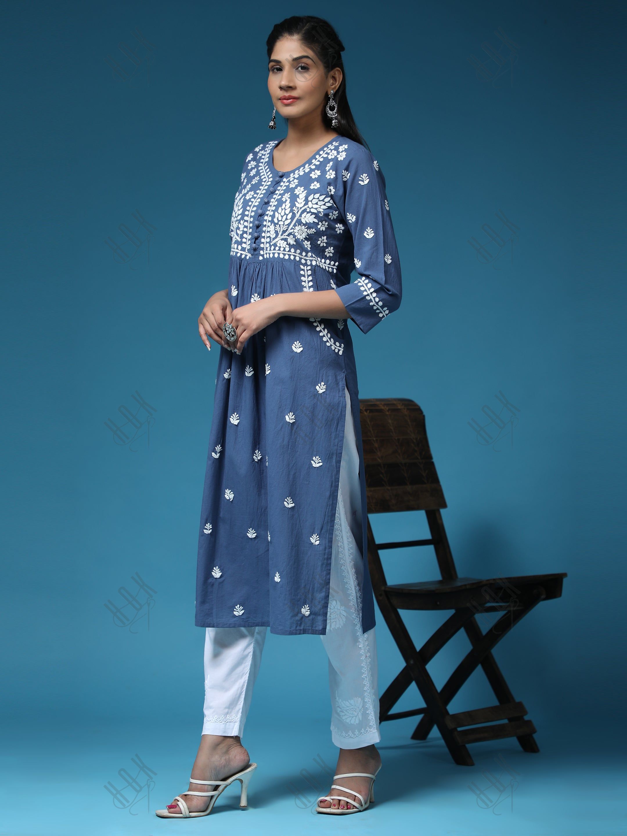 Chikankari Hand embroidery Round neck Dress Blue