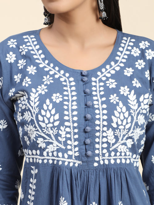 Chikankari Hand embroidery Round neck Dress Blue