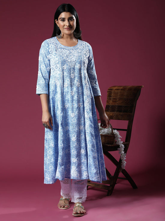 HOK Chikankari Anarkali Stylish Kurti -Printed Blue - House Of Kari (Chikankari Clothing)