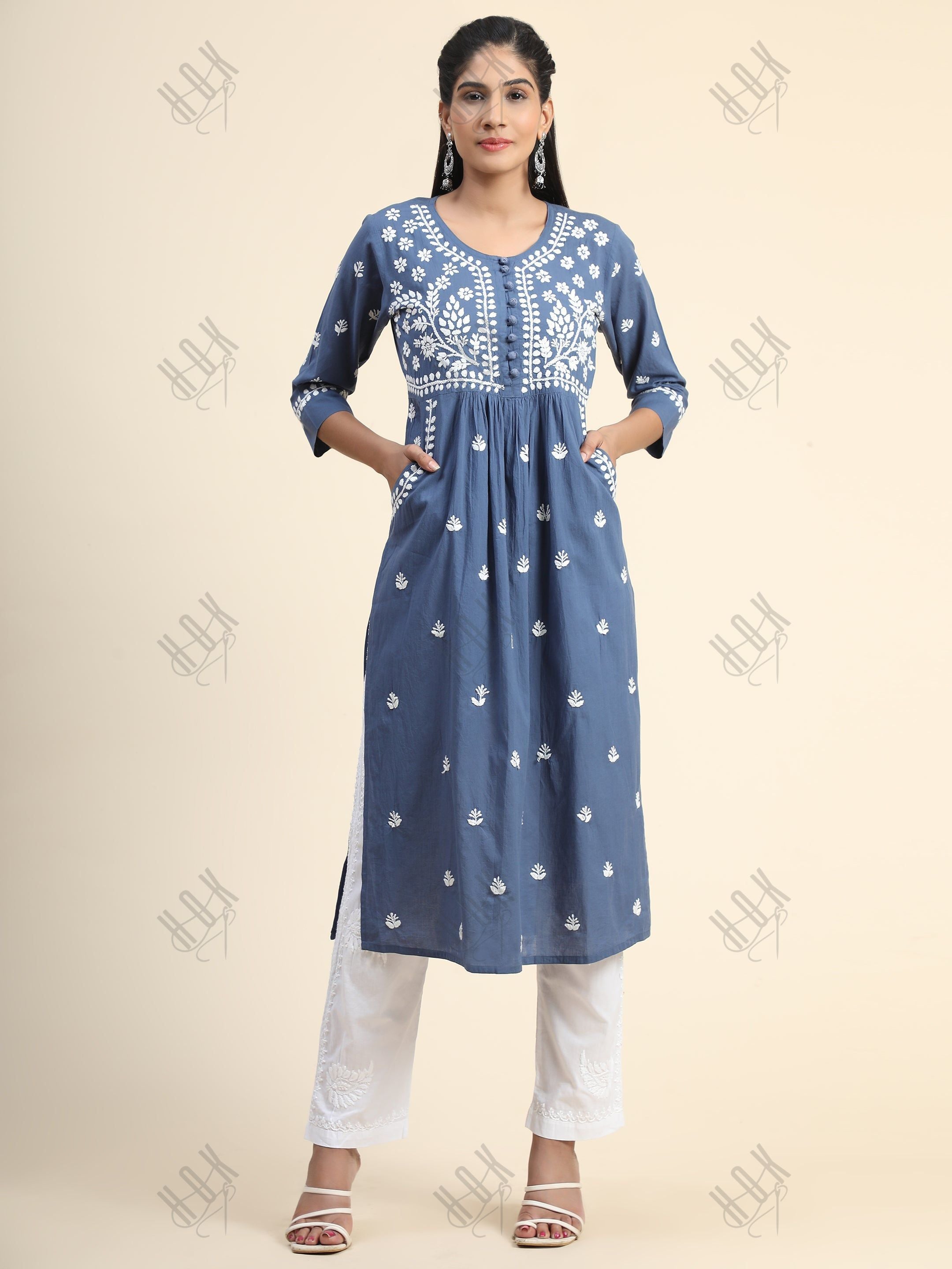 Chikankari Hand embroidery Round neck Dress Blue