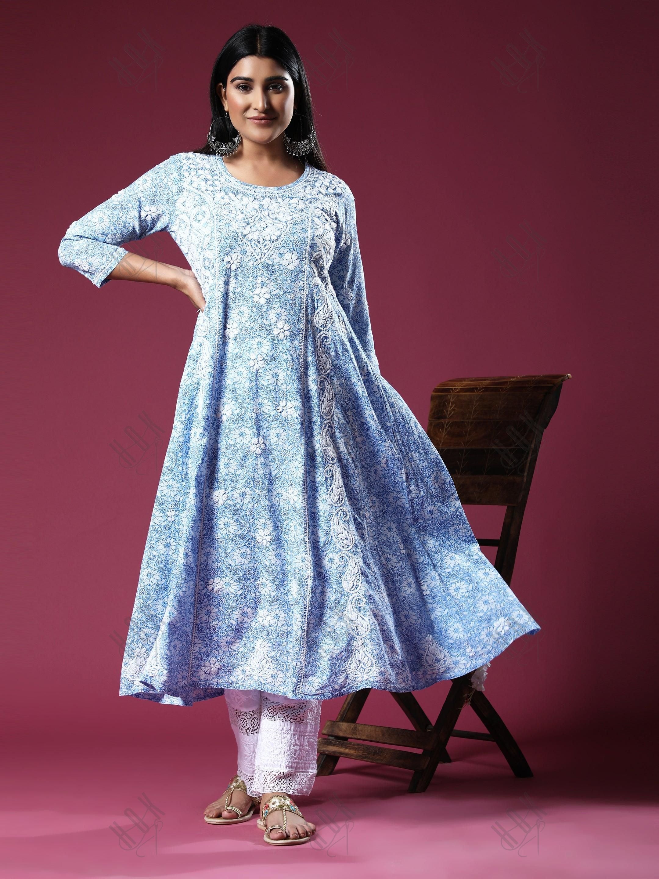 HOK Chikankari Anarkali Stylish Kurti -Printed Blue - House Of Kari (Chikankari Clothing)