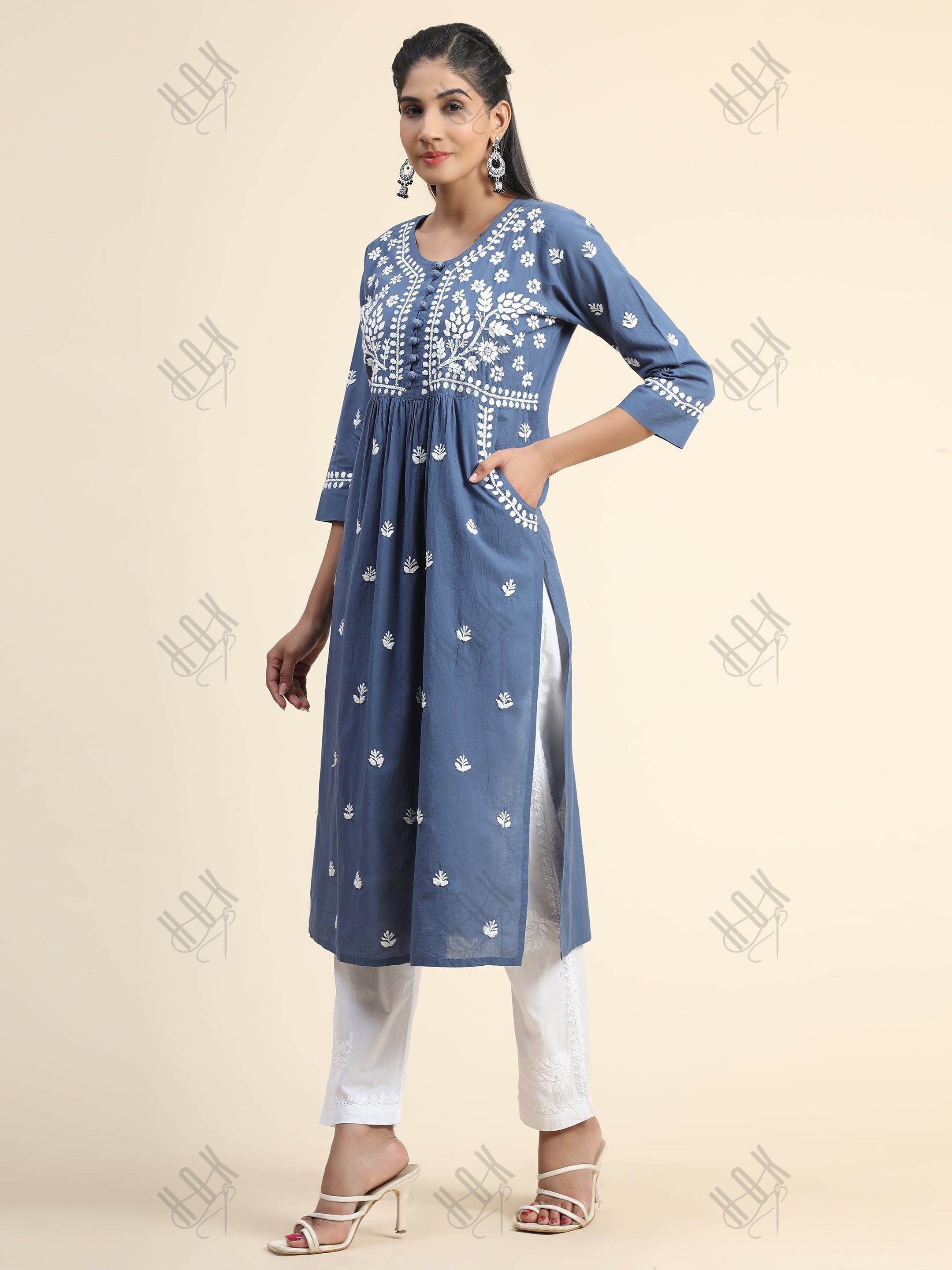 Chikankari Hand embroidery Round neck Dress Blue