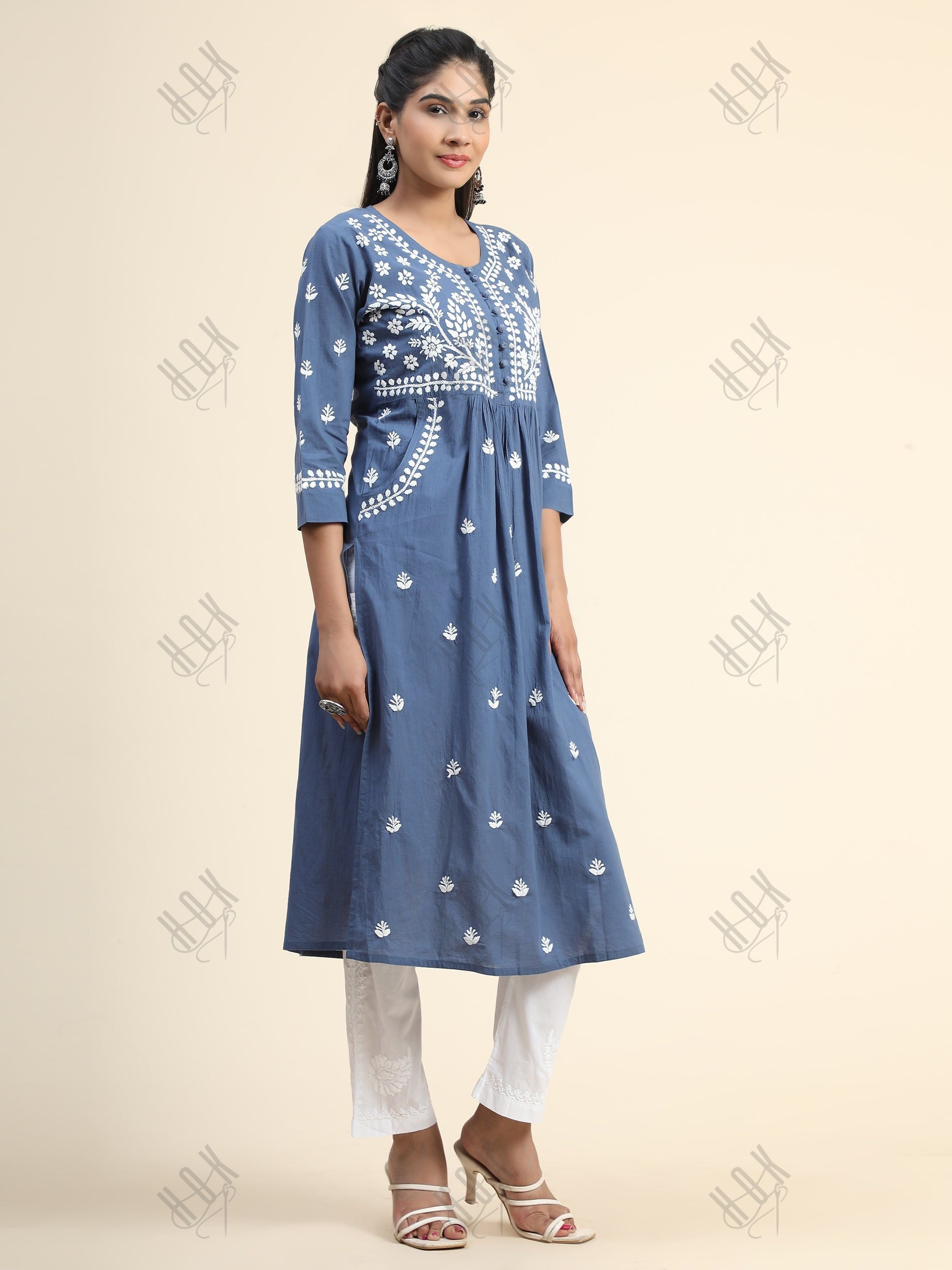 Chikankari Hand embroidery Round neck Dress Blue