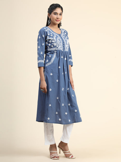 Load image into Gallery viewer, Chikankari Hand embroidery Round neck Dress Blue
