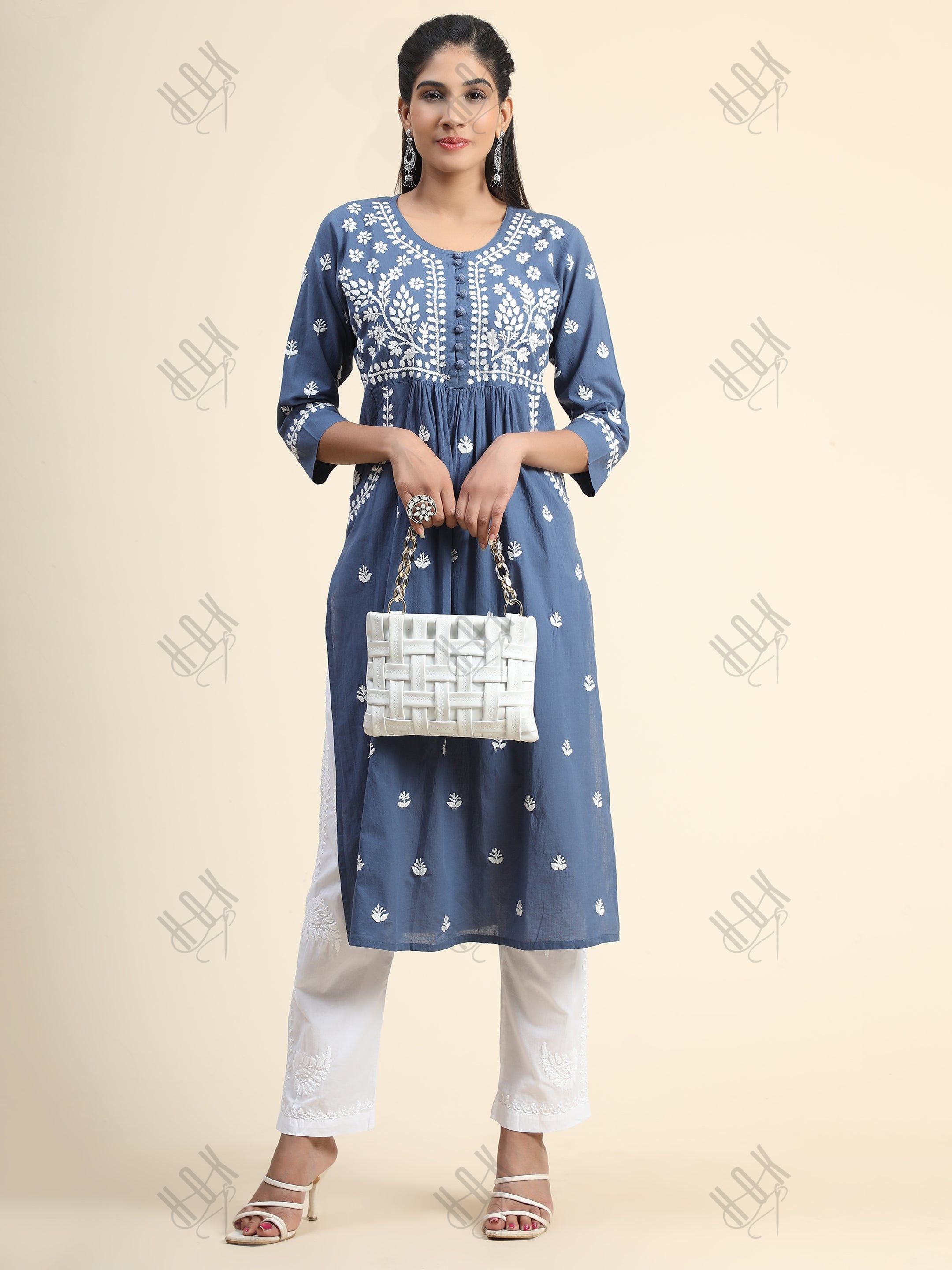 Chikankari Hand embroidery Round neck Dress Blue