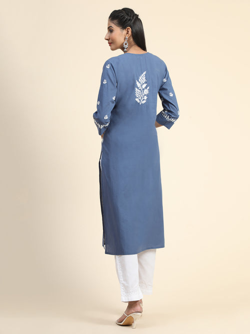 Chikankari Hand embroidery Round neck Dress Blue
