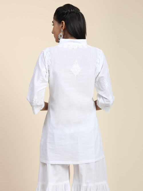 Hand Embroidery Chikankari Printed Short Cotton Tunics-White - House Of Kari (Chikankari Clothing)