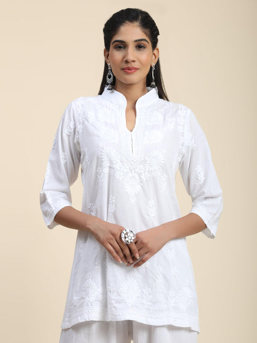 Shefali Hand Embroidery Chikankari Printed Short Cotton Tunics-White - House Of Kari (Chikankari Clothing)