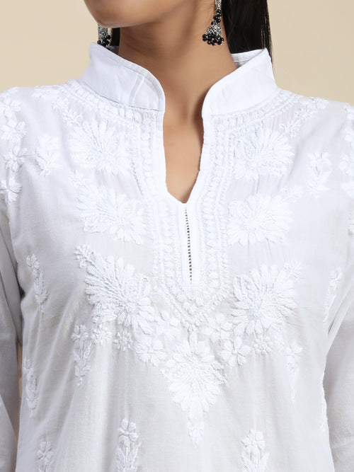 Hand Embroidery Chikankari Printed Short Cotton Tunics-White - House Of Kari (Chikankari Clothing)