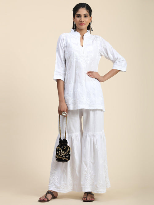 Load image into Gallery viewer, Hand Embroidery Chikankari Printed Short Cotton Tunics-White - House Of Kari (Chikankari Clothing)
