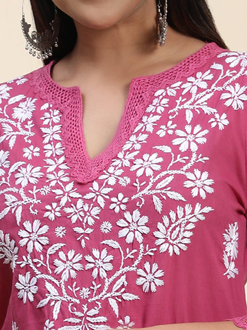 Load image into Gallery viewer, Hand Embroidery Chikankari Long Kurti for Women Pink - House Of Kari (Chikankari Clothing)
