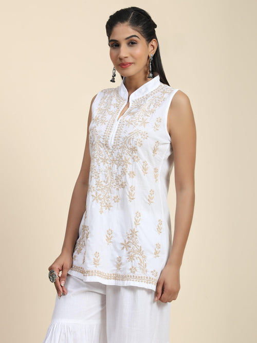 Sleeveless Hand Embroidery Chikankari Printed Short Cotton Tunics-White With Golden - House Of Kari (Chikankari Clothing)