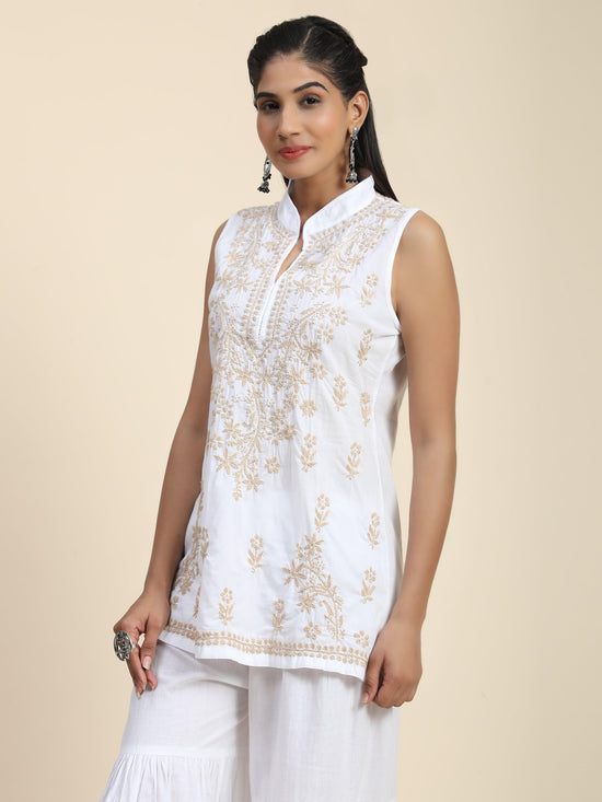 Sleeveless Hand Embroidery Chikankari Printed Short Cotton Tunics-White With Golden - House Of Kari (Chikankari Clothing)