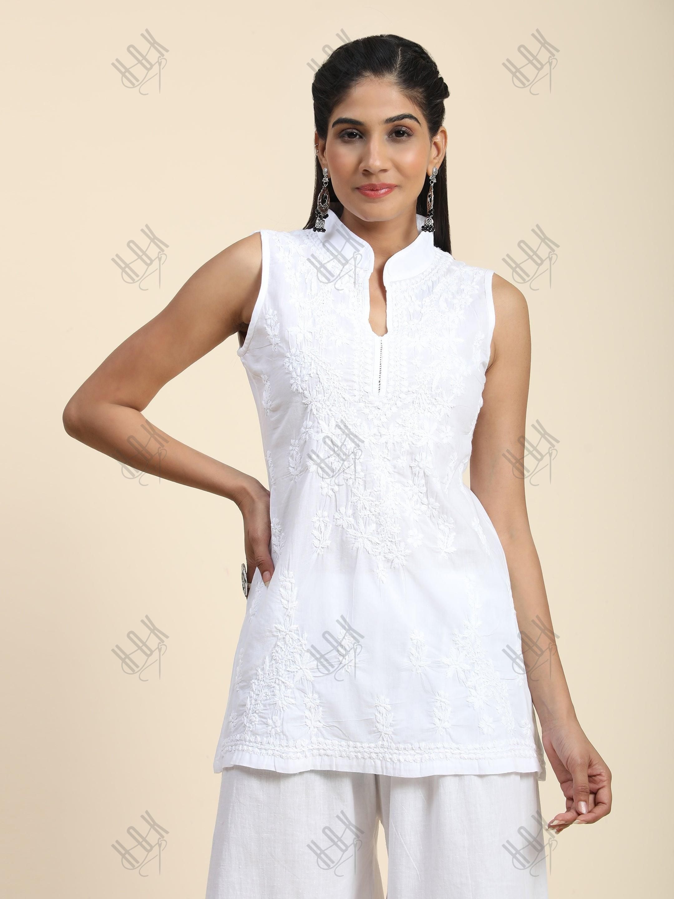 Noor Sleeveless Hand Embroidery Chikankari Printed Short Cotton Tunics-White - House Of Kari (Chikankari Clothing)