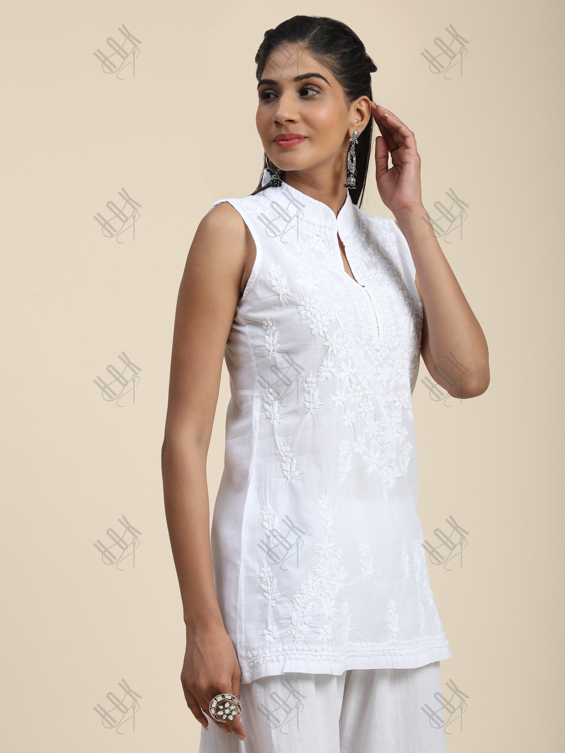 Noor Sleeveless Hand Embroidery Chikankari Printed Short Cotton Tunics-White - House Of Kari (Chikankari Clothing)