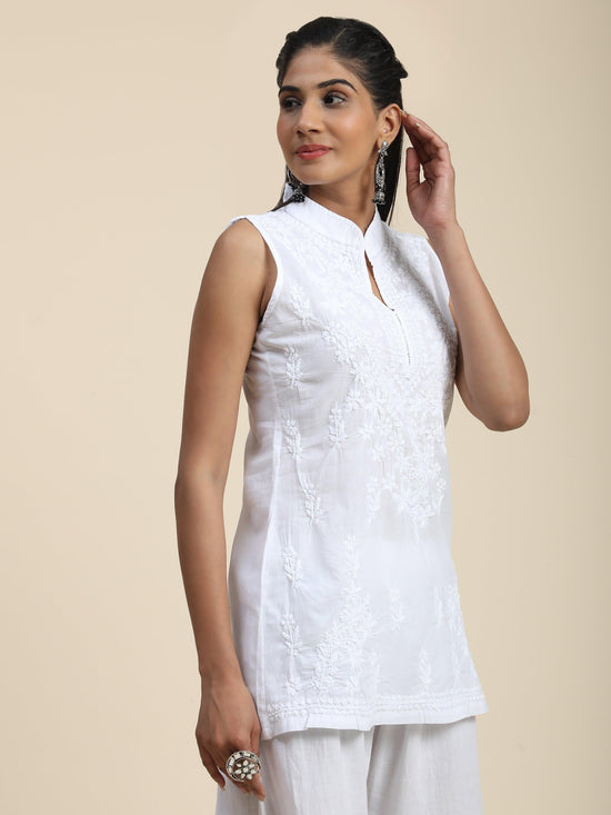 Anoushka in Noor Sleeveless Hand Embroidery Chikankari Printed Short Cotton Tunics-White - House Of Kari (Chikankari Clothing)