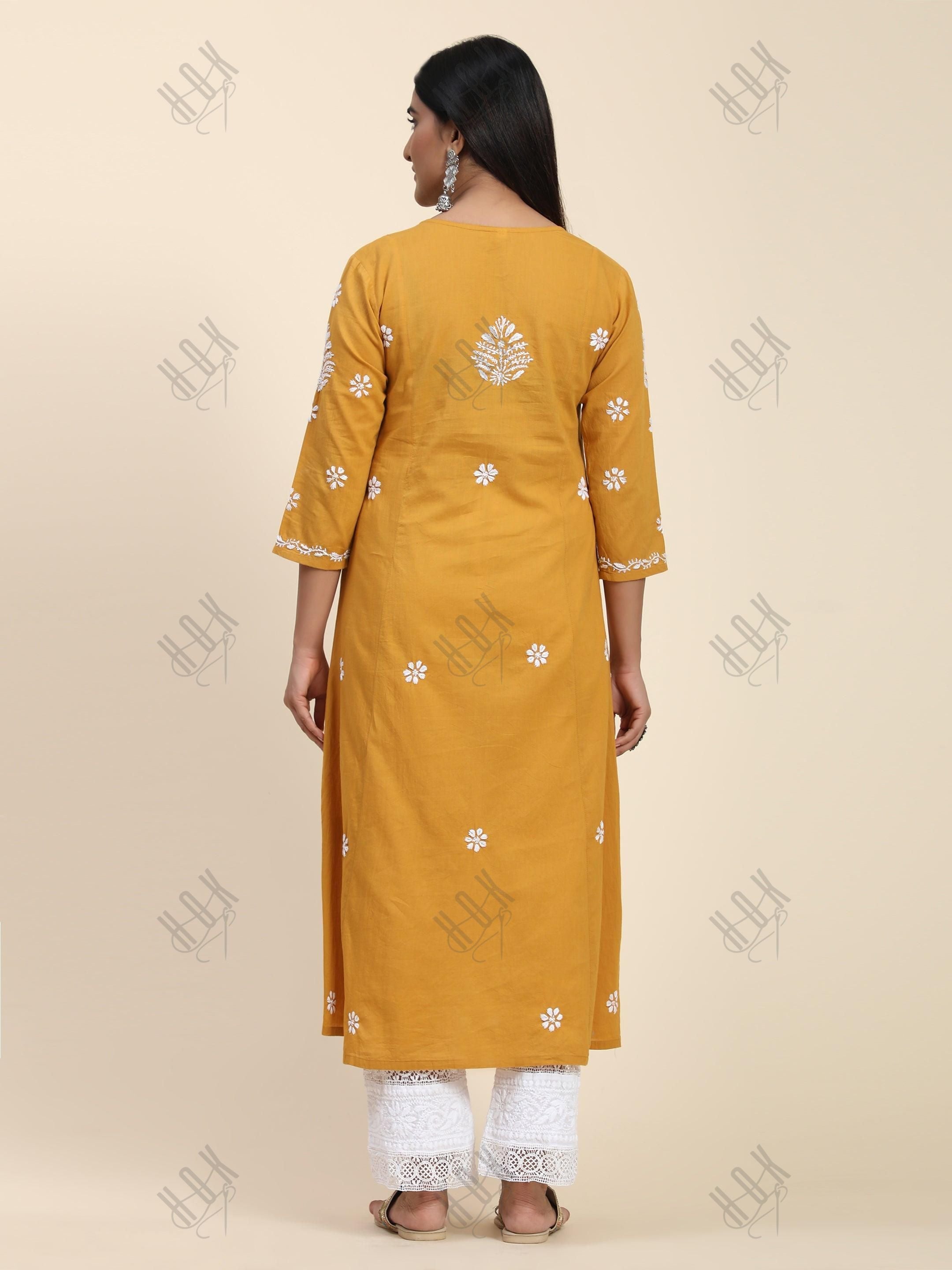 Hand Embroidery Chikankari Long Kurti for Women Mustard - House Of Kari (Chikankari Clothing)