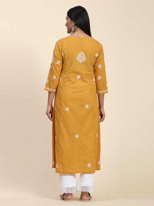 Hand Embroidery Chikankari Long Kurti for Women Mustard - House Of Kari (Chikankari Clothing)