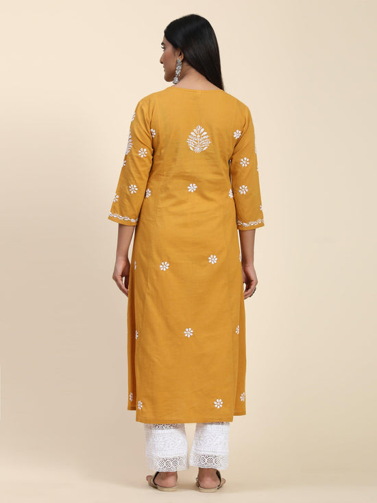 Aayushi in Hand Embroidery Chikankari Long Kurti for Women Mustard - House Of Kari (Chikankari Clothing)