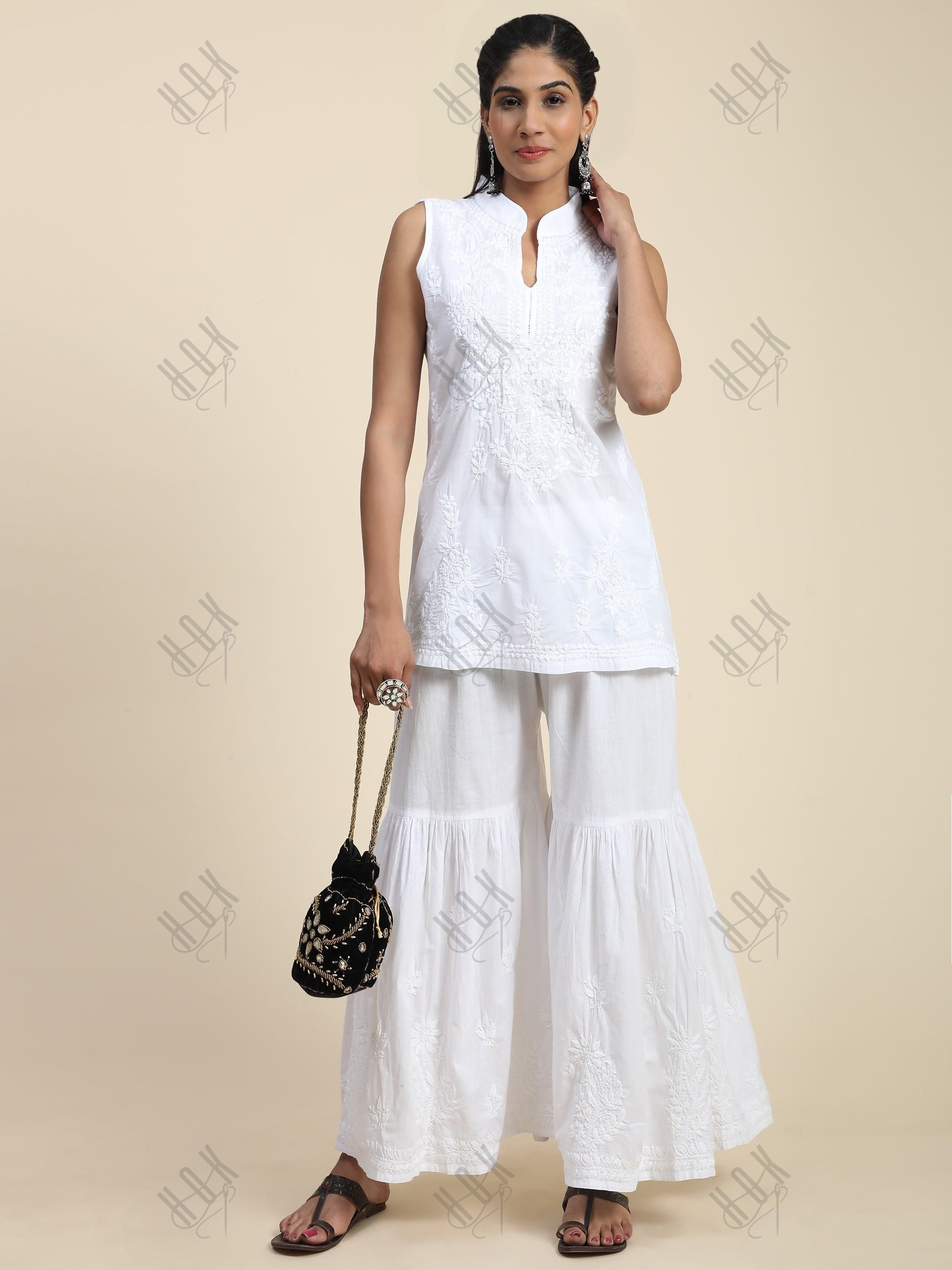 Anoushka in Noor Sleeveless Hand Embroidery Chikankari Printed Short Cotton Tunics-White - House Of Kari (Chikankari Clothing)