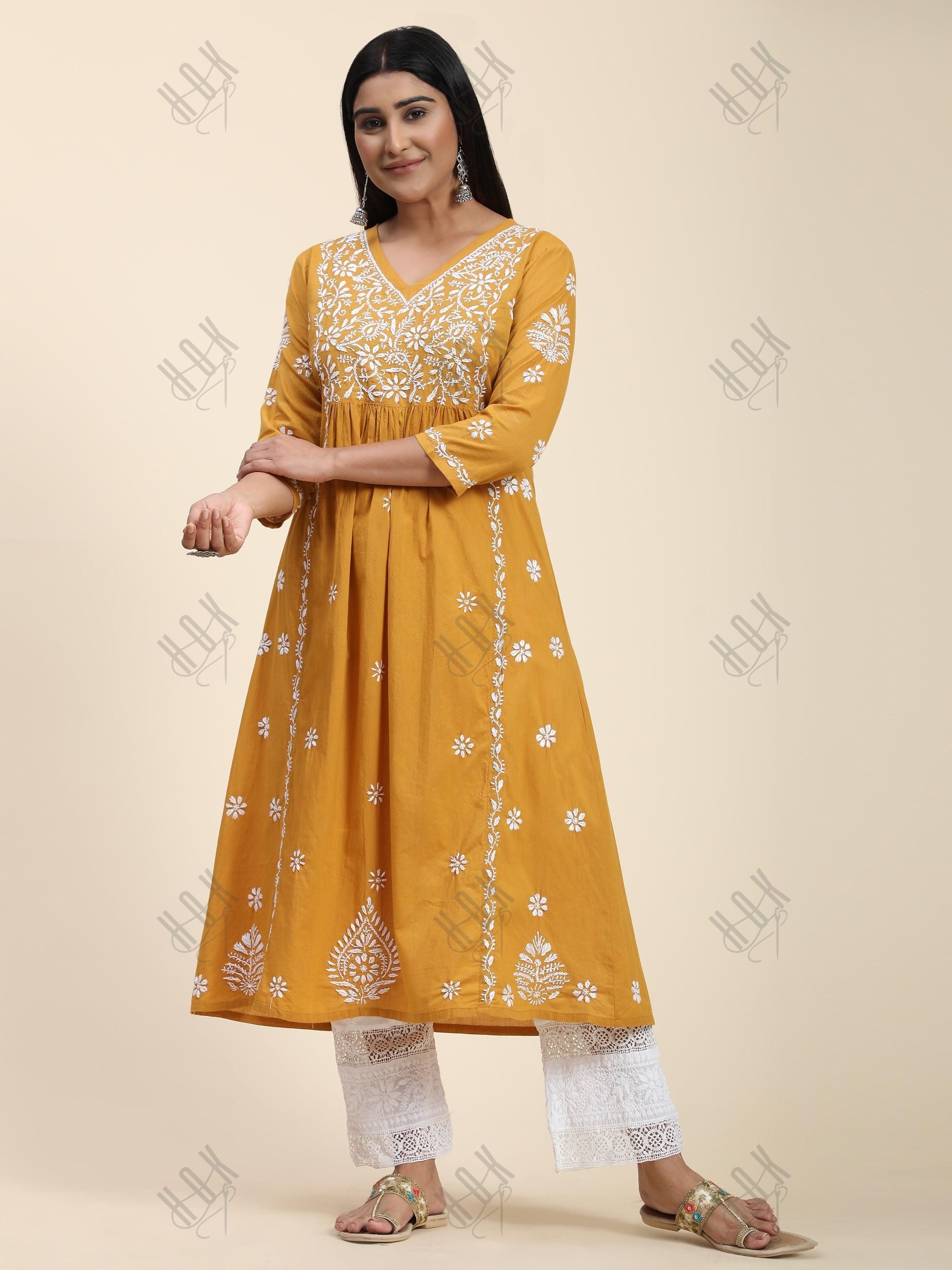 Hand Embroidery Chikankari Long Kurti for Women Mustard - House Of Kari (Chikankari Clothing)