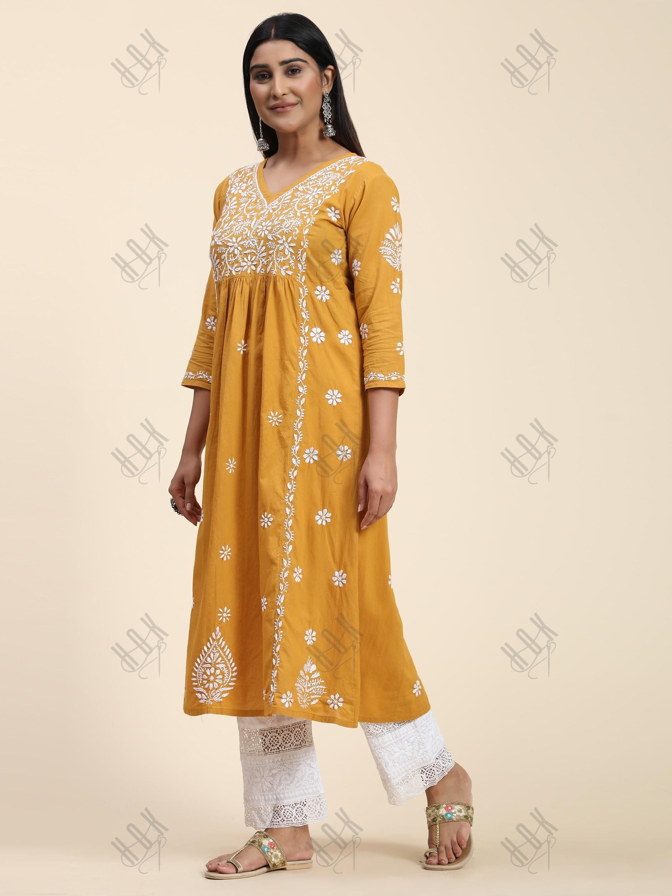 Hand Embroidery Chikankari Long Kurti for Women Mustard - House Of Kari (Chikankari Clothing)