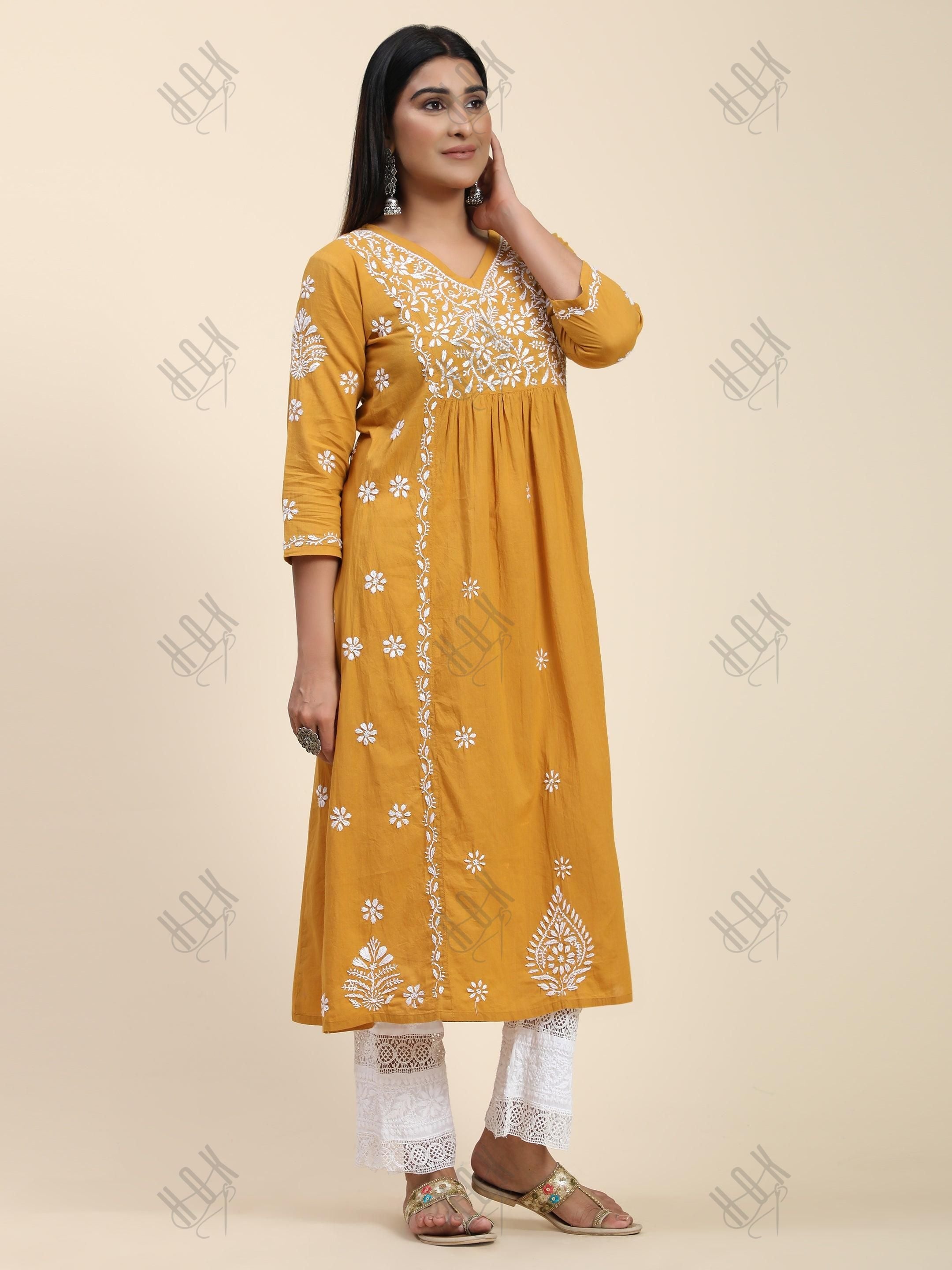 Hand Embroidery Chikankari Long Kurti for Women Mustard - House Of Kari (Chikankari Clothing)