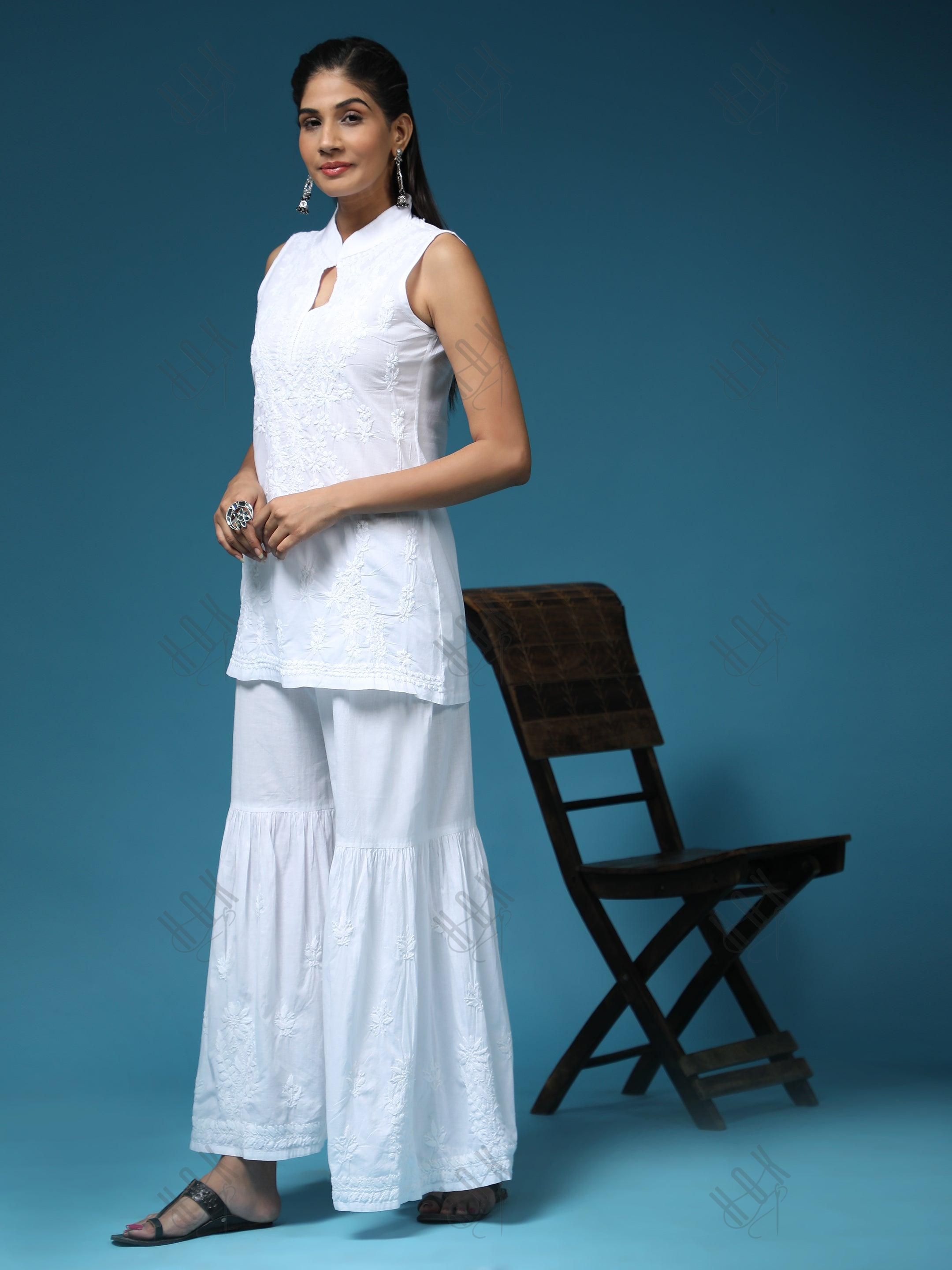 Anoushka in Noor Sleeveless Hand Embroidery Chikankari Printed Short Cotton Tunics-White - House Of Kari (Chikankari Clothing)