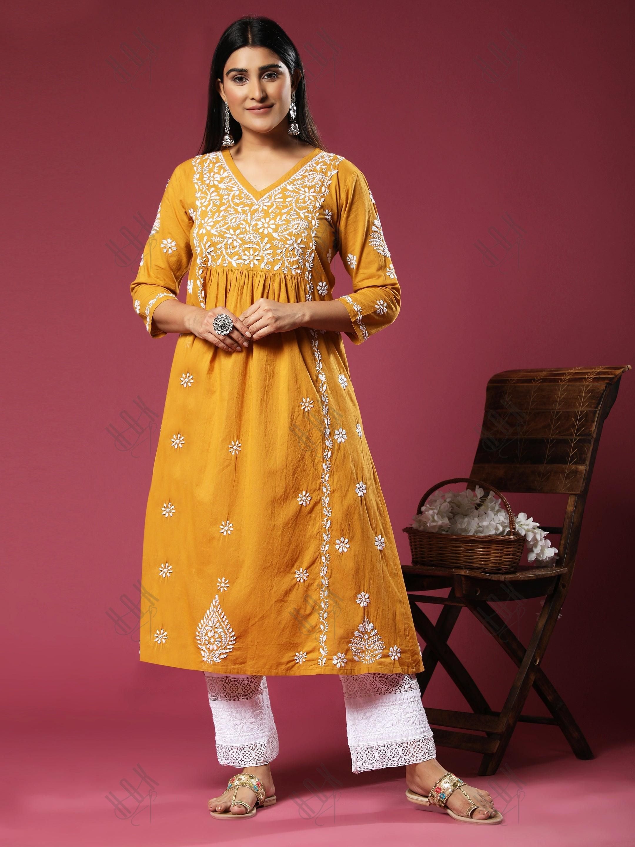 Hand Embroidery Chikankari Long Kurti for Women Mustard - House Of Kari (Chikankari Clothing)