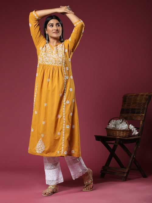 Aayushi in Hand Embroidery Chikankari Long Kurti for Women Mustard - House Of Kari (Chikankari Clothing)
