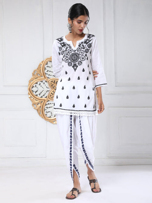 Noor Chikankari Hand Embrodiery Dhooti White/Black - House Of Kari (Chikankari Clothing)