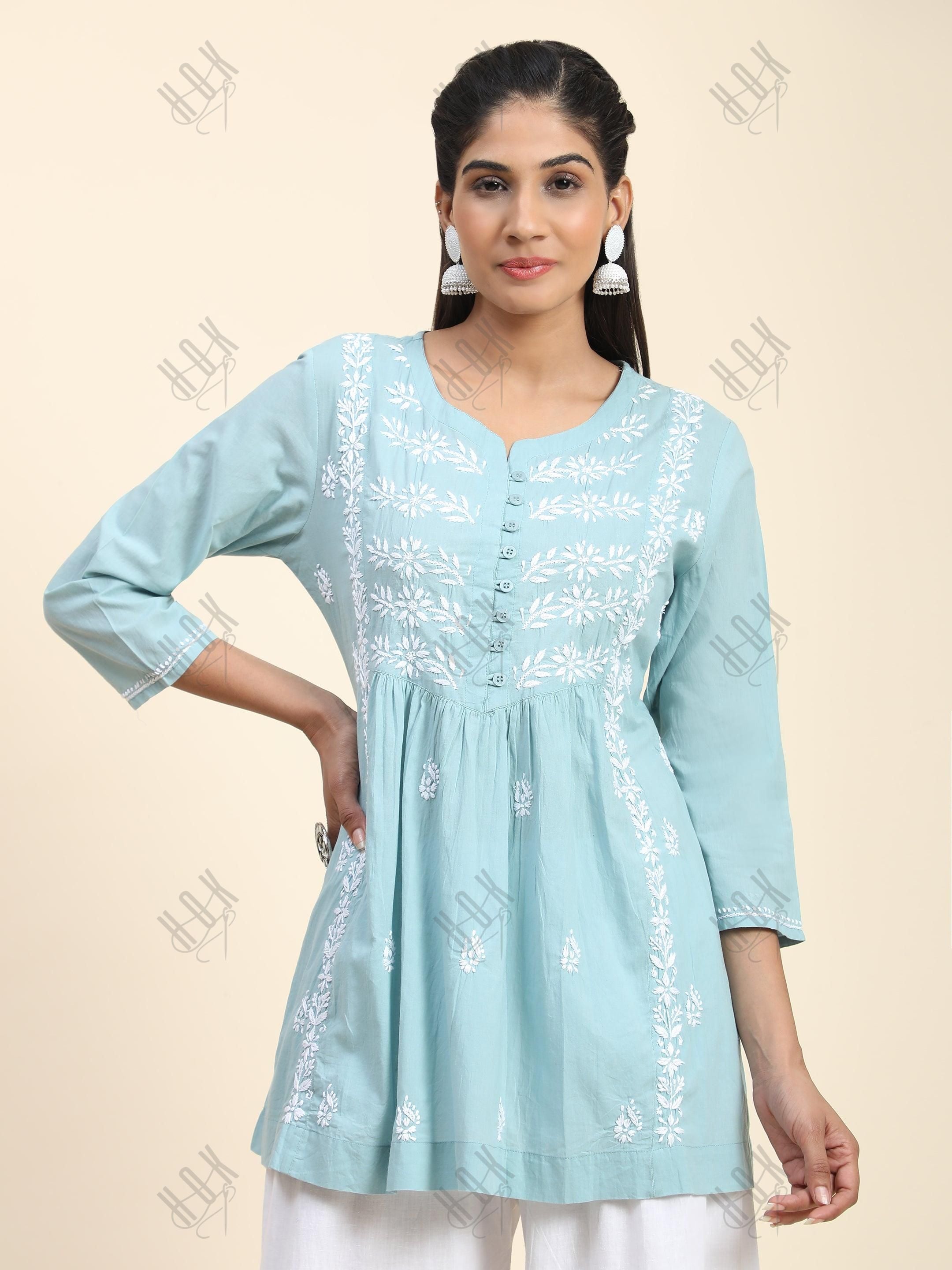 Hand Embroidery Chinakari Short Cotton Tunics- Light Blue - House Of Kari (Chikankari Clothing)