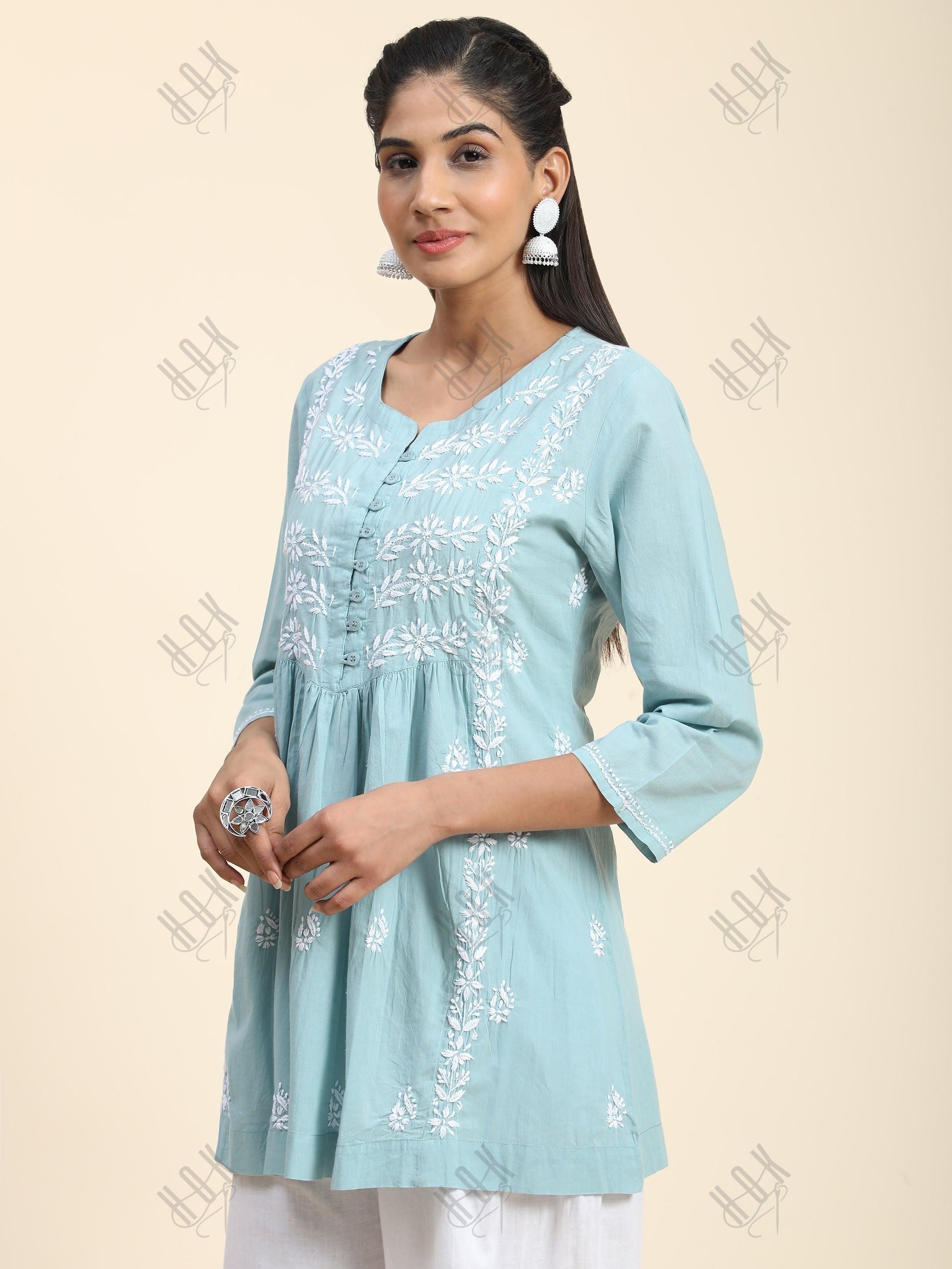 Hand Embroidery Chinakari Short Cotton Tunics- Light Blue - House Of Kari (Chikankari Clothing)