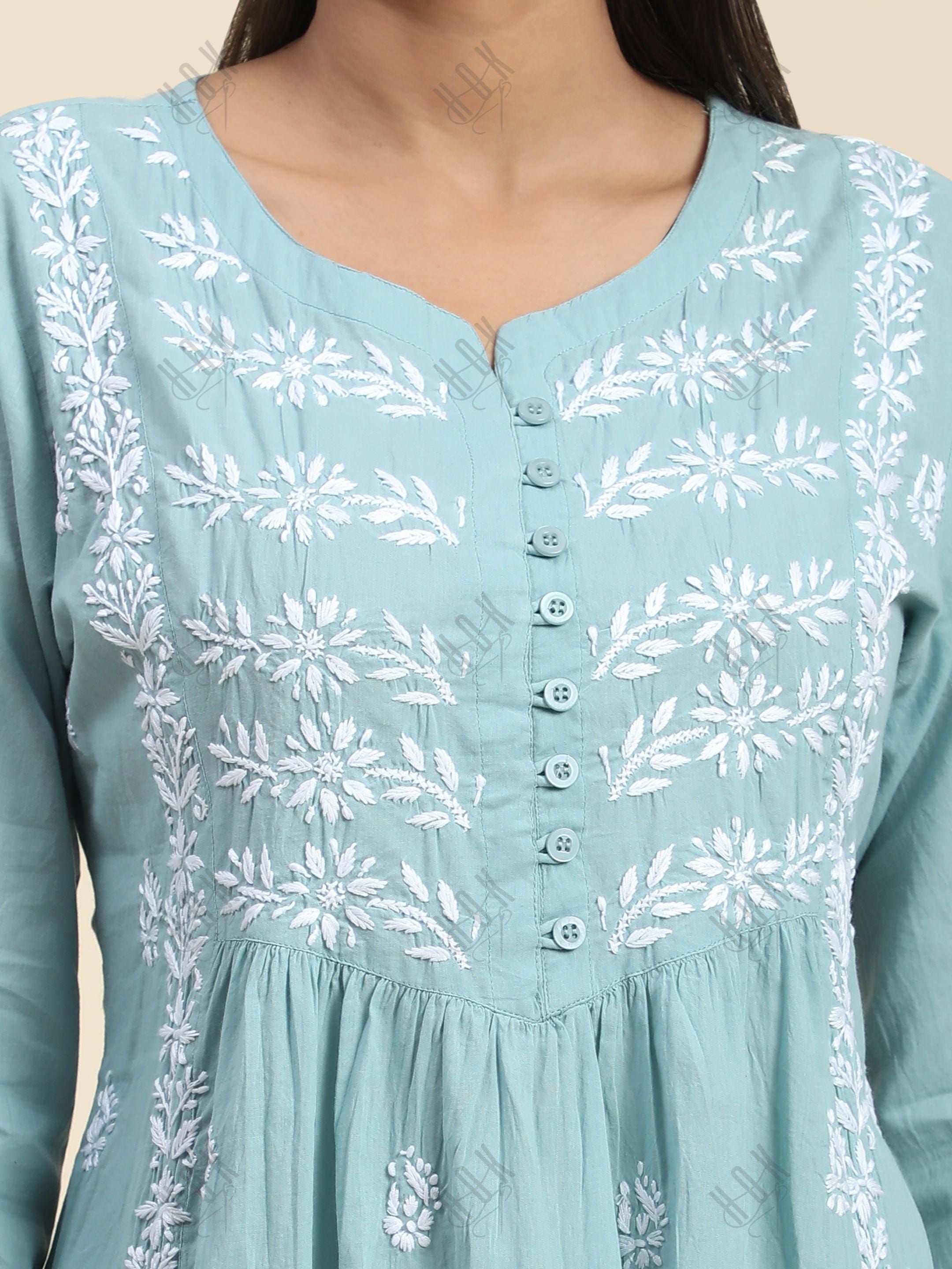 Hand Embroidery Chinakari Short Cotton Tunics- Light Blue - House Of Kari (Chikankari Clothing)