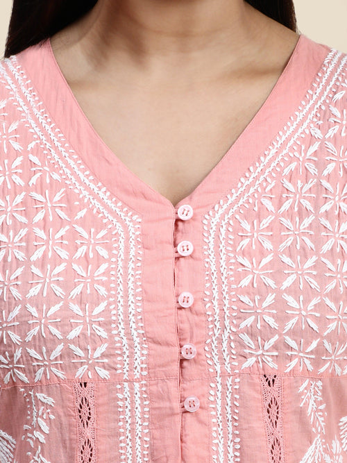 HOK chikankari Tunic for Women -Pink - House Of Kari (Chikankari Clothing)