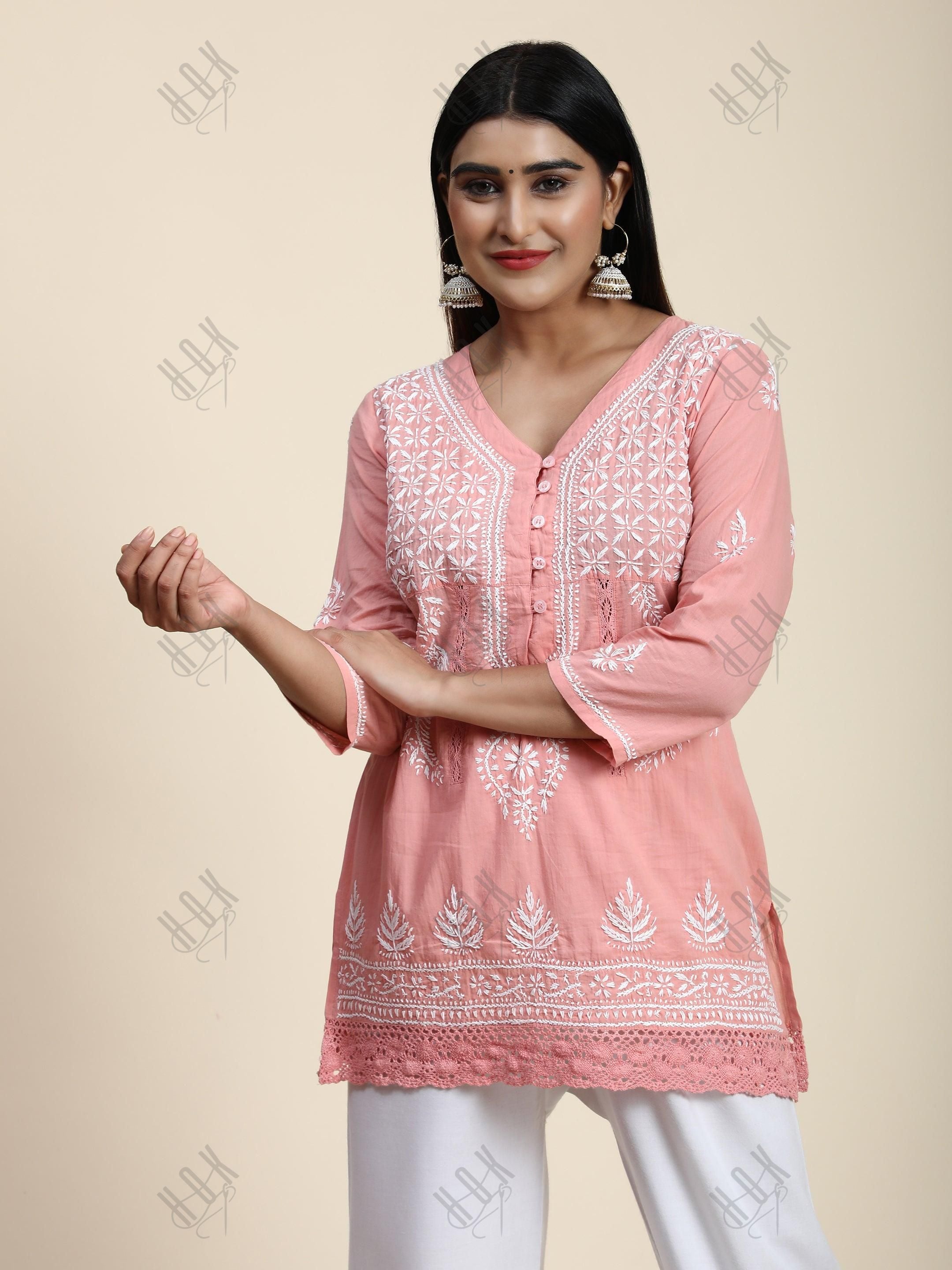 HOK chikankari Tunic for Women -Pink - House Of Kari (Chikankari Clothing)