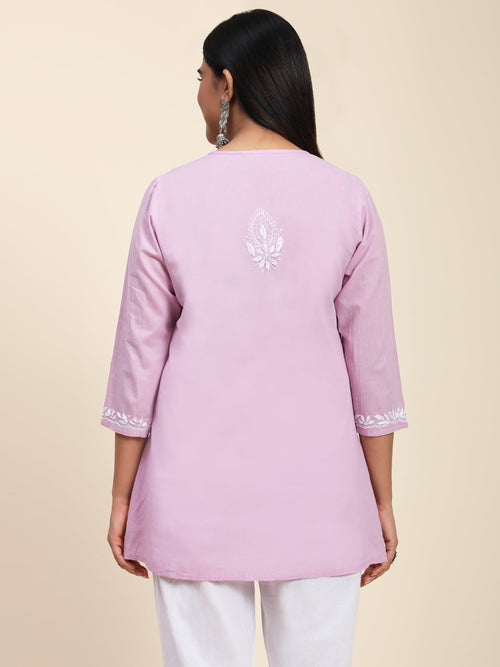 Hand Embroidery Chinakari Short Cotton Tunics-Purple - House Of Kari (Chikankari Clothing)