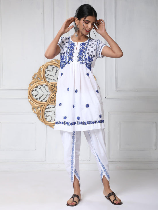 Noor Chikankari Hand Embrodiery Dhooti White/Blue - House Of Kari (Chikankari Clothing)