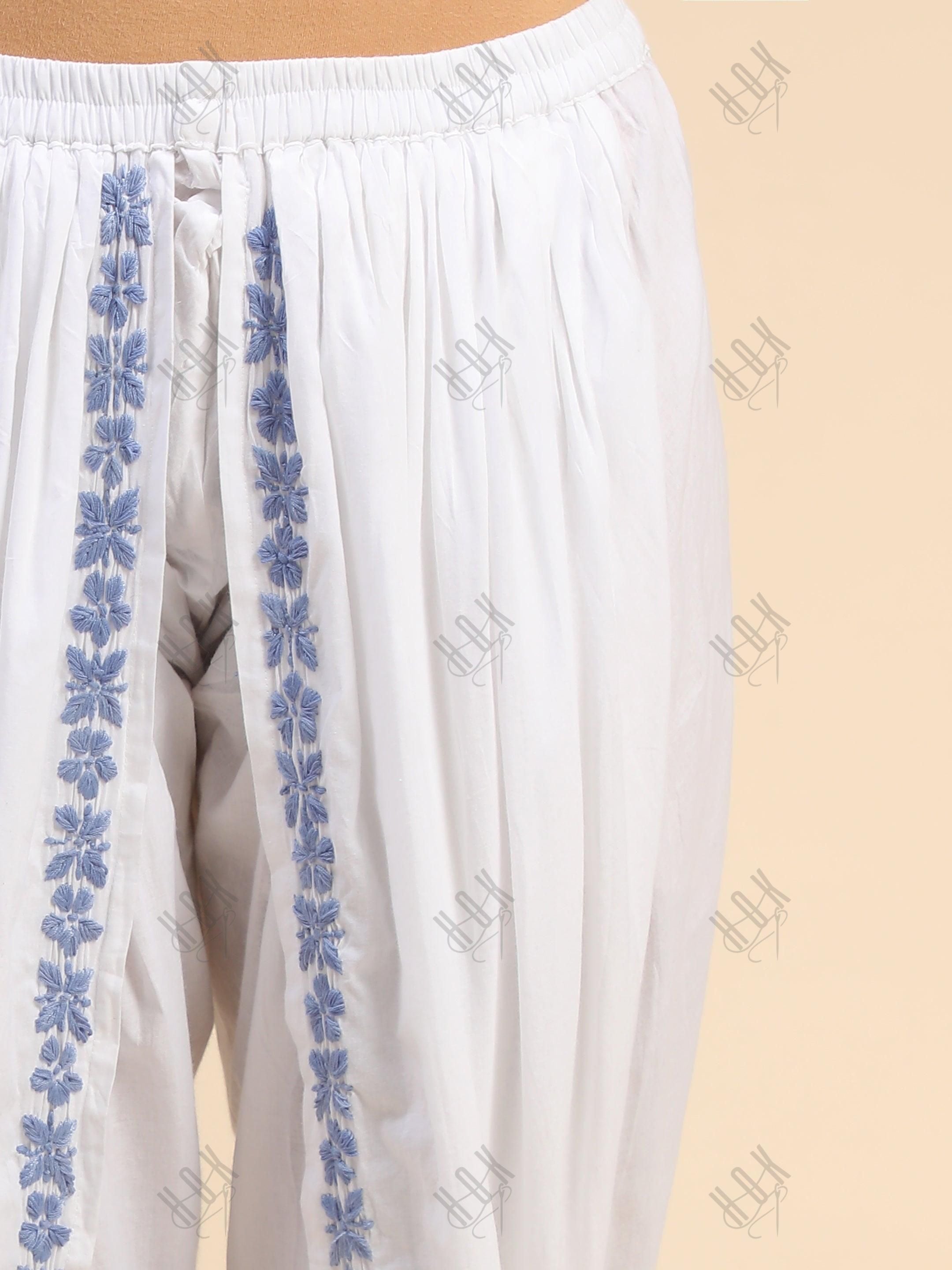 Noor Chikankari Hand Embrodiery Dhooti White/Blue - House Of Kari (Chikankari Clothing)