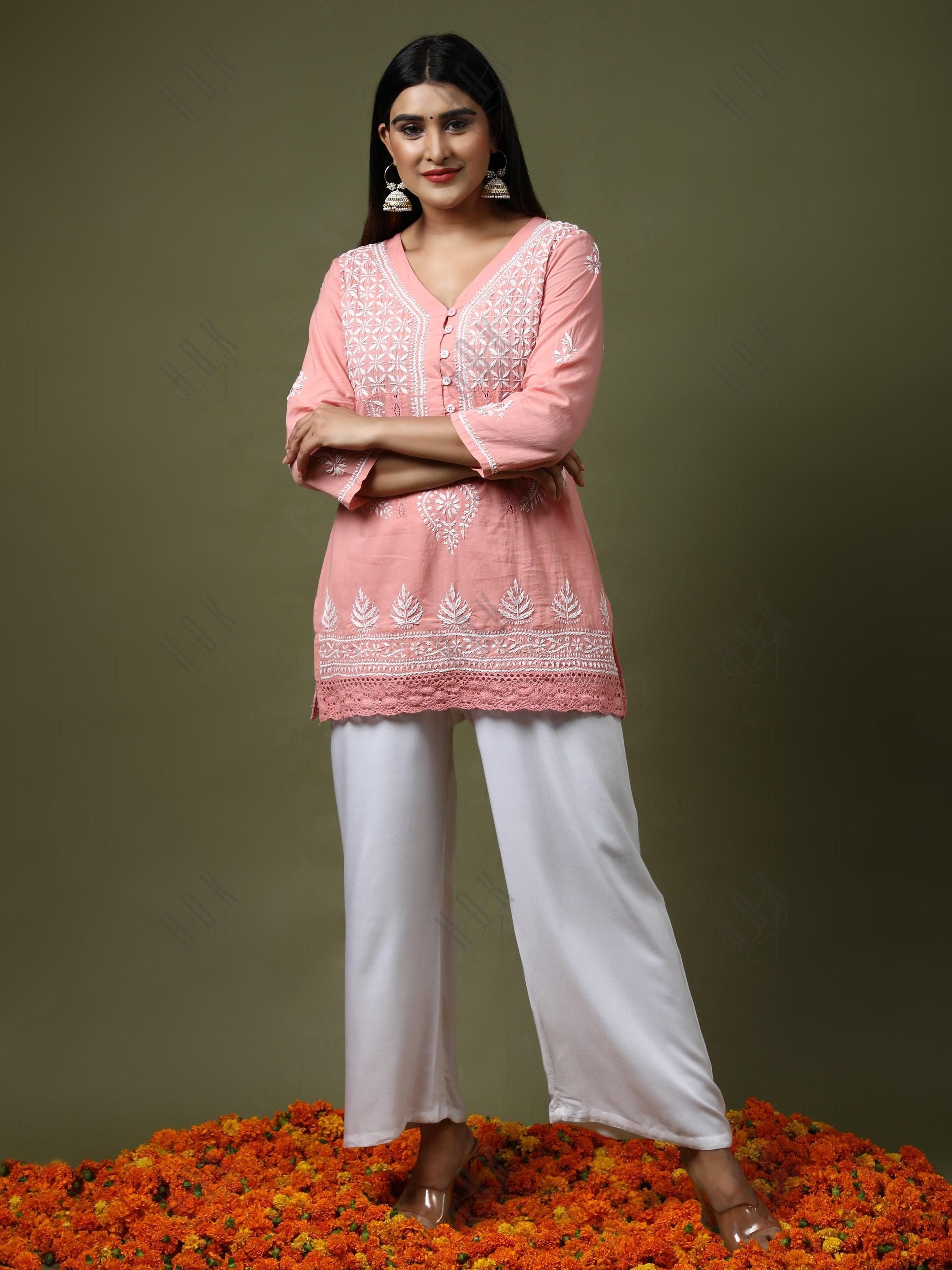 HOK chikankari Tunic for Women -Pink - House Of Kari (Chikankari Clothing)