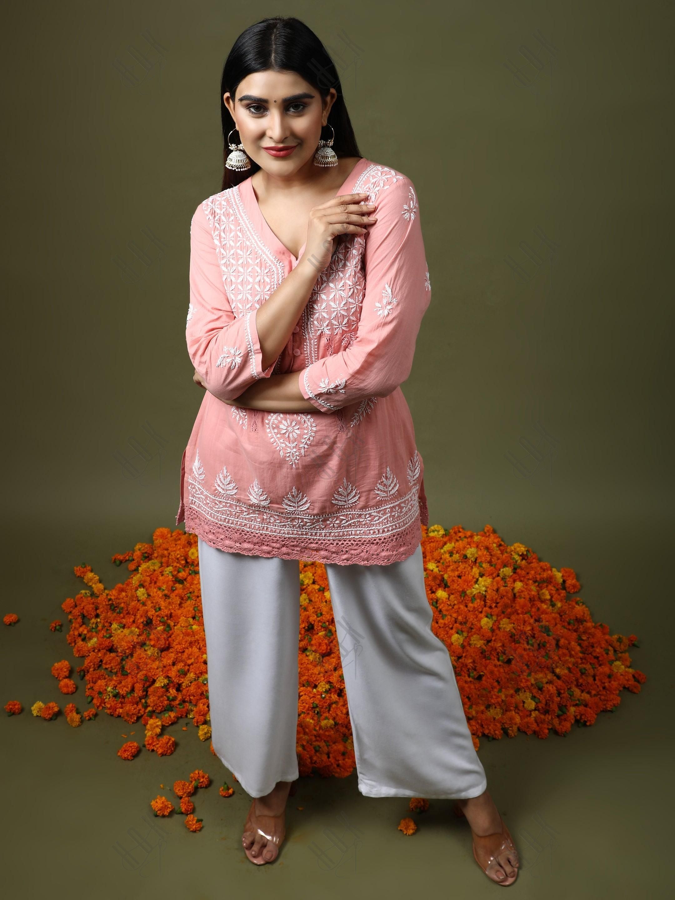 HOK chikankari Tunic for Women -Pink - House Of Kari (Chikankari Clothing)