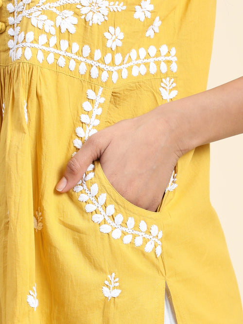 Hand Embroidery Chikankari Tunic for Women - Mustard - House Of Kari (Chikankari Clothing)