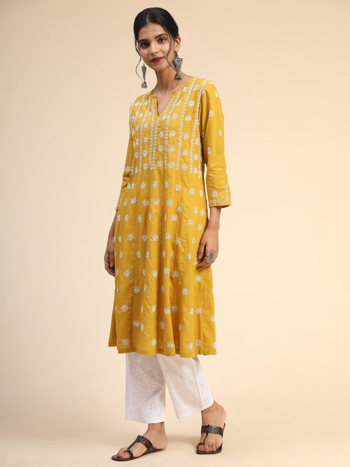 Load image into Gallery viewer, Noor Chikankari Hand embroidery Anarkali Dress in Cotton Mustard - House Of Kari (Chikankari Clothing)
