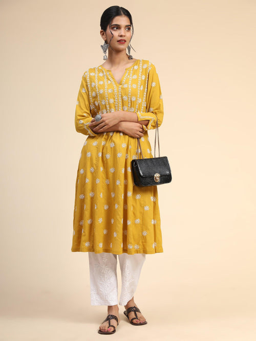 Load image into Gallery viewer, Noor Chikankari Hand embroidery Anarkali Dress in Cotton Mustard - House Of Kari (Chikankari Clothing)
