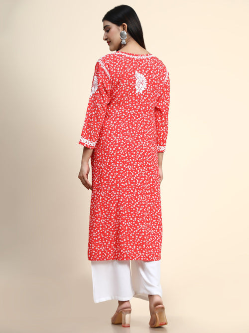 Ria in HOK Chikankari Long Kurta in Rayon Cotton for Women-Red - House Of Kari (Chikankari Clothing)
